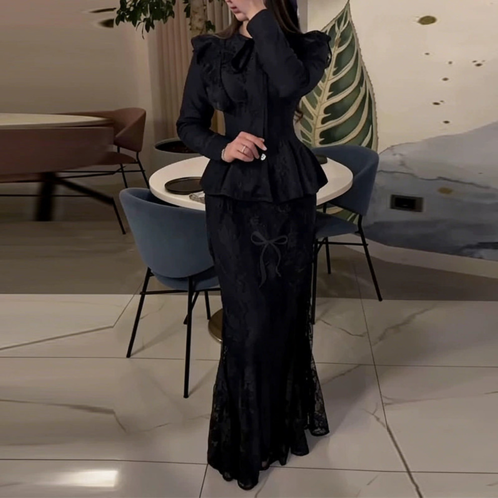 Forever 21 Chic Black Lace Ruffle Fitted Waist Long Dress Set